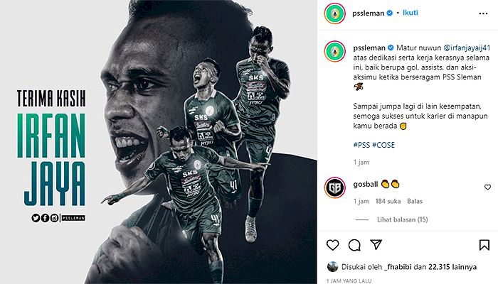 Dikaitkan dengan Persib dan Bali United, Irfan Jaya Resmi Dilepas PSS Sleman